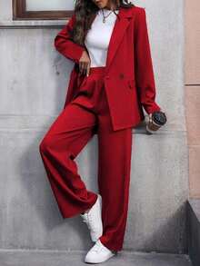 Conjunto de traje informal de mujer con solapa, manga larga y holgado - Rojo - Ver 3