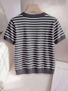 Nueva camiseta de mujer de manga corta con cuello en V a rayas - Multicolor 3 - Ver 2