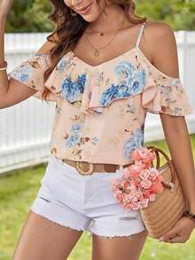 Blusa de mujer de gasa con hombros descubiertos, bajo con volantes y estampado, para primavera/verano y vacaciones - Azul - Ver 3