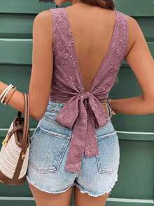 Frenchy Blusa sin espalda y sin mangas con estampado jacquard para vacaciones de verano, ropa de vuelta al colegio, atuendos de maestros, moda, vestidos de mujer de verano, estilo de dinero antiguo, vestidos blancos de mujer, vestidos casuales de mujer, ropa para el 4 de julio, blusas de mujer, tops sin mangas - Rosa vieja - Ver 5