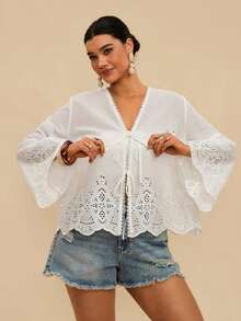 Camisa casual versátil de uso diario con estampado floral y nudo delantero para mujer de talla grande - Blanco - Ver 4
