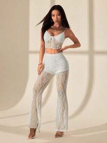 Pantalones de vacaciones de cintura alta de encaje y punto campana para mujer - Blanco - Ver 3