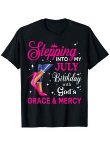 Entering July: Women's High Heels And Girls' Birthday T-Shirt.| Casual Loose Fit, Round Neck, Slightly Stretchy Fabric, Slogan Print Holiday Wear. - 如圖所示 - 查看 1