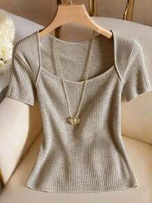 Camiseta de mujer de manga corta con cuello cuadrado acanalado de unicolor - Albaricoque - Ver 3