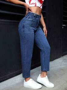 Pantalones vaqueros informales de mujer con bolsillos de forma cónica y multiusos - Azul lavado medio - Ver 2