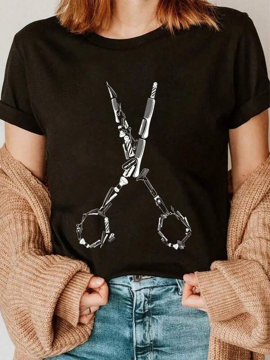 100% Algodón Premium 180g : Camiseta negra creativa con estampado de tijeras metálicas estilo vintage de alta calidad para mujeres jóvenes, perfecta para ocasiones casuales, disponible en tallas S, M y L, ideal para moda urbana o regalo original, camiseta moderna y popular.. Ropa de Moda Casual Suave y Transpirable para Diario - Negro - Ver 1