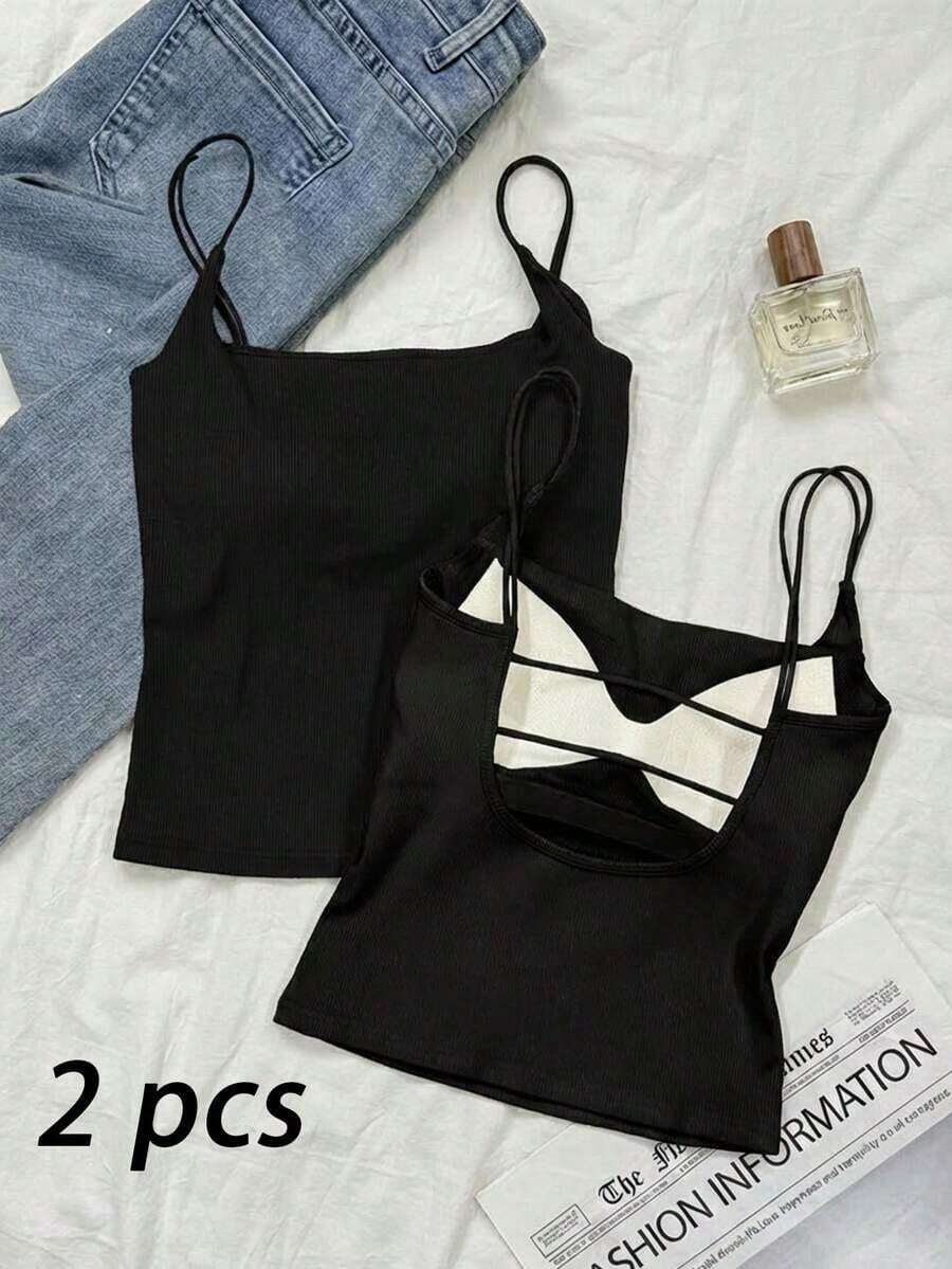 2 piezas Conjunto de camisola sin espalda ajustada para mujer, Camisola sin espalda de verano para mujer, Adecuado para el transporte diario, citas, fiestas, otoño/invierno/verano, Navidad, Año Nuevo, Acción de Gracias, fiestas, bodas, playa, ceremonias de graduación, de moda, elegante, casual, salidas, citas, reservas, transporte, brillante, Día de San Valentín, elegante, vacaciones, casual, Y2K, salidas, ceremonias de graduación y otras ocasiones. - Negro 4 - Ver 1