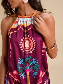 Vestido corto holgado con hombros al descubierto y estampado tejido para mujeres para vacaciones - Multicolor - Ver 7