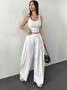 Pantalones anchos de verano con dobladillo curvo verde, estilo vintage, casual y para salir - Blanco - Ver 3