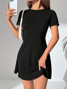 Vestido De Mujer A-línea Con Mangas Cortas - Negro - Ver 6