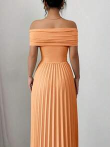Vestido de mujer con hombros descubiertos y cintura plisada - Naranja - Ver 2