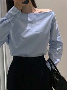 Camisa azul de manga larga con hombro asimétrico de unicolor para mujer, azul claro, primavera/verano/otoño - Celeste - Ver 2
