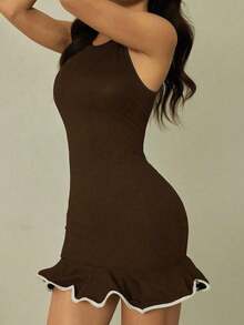 Vestido de moda minivestido sin mangas con cuello redondo y dobladillo con volantes para mujer - Marrón - Ver 2