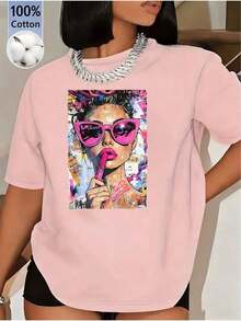 [Free National Shipping] Women's Summer T-Shirt With Graffiti Style Female Figure Print, Loose Fit, Casual, Short Sleeve, For Daily Outings, Home Or Gift, Cotton Women's T-Shirts - 風格 - 查看 6