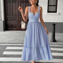 Vestido de mujer con cuello en V a rayas y cruzado - Azul y blanco - Ver 7