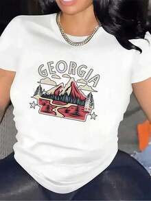 100% Cotton Short-Sleeved T-Shirt With Georgia Mountain Design For Casual Use, Made Of Durable, Lightweight And Comfortable Polyester Fabric, Perfect For Outdoor Activities Or Everyday Use At Home, Cafe Or Office. - 白色 - 查看 7