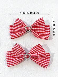 2入女款格紋愛心蝴蝶結裝飾髮夾、髮爪、髮卡 - 紅白格紋 - 查看 4