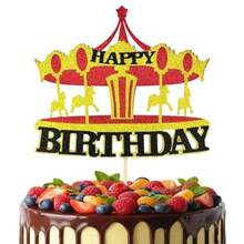 Carousel Happy Birthday Cake Topper Glitter Vintage Circus Tent Carnival Cake Decor For Amusement Park Circus Theme Baby Shower Birthday Party Cake Decorations Supplies - như hình - Xem 8