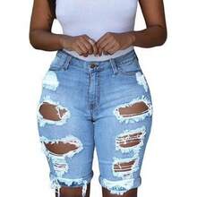 Shorts de mezclilla rasgados de cintura alta a la moda para mujer - Blanco - Ver 4