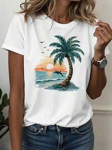 Women's 100% Cotton T-Shirt 2026 - Casual Sports T-Shirt For Women, Round Neck, Beach Style, Vibrant Style, Party Outfit, Summer Theme, Floral Palm Tree Design, Tropical, Summer, Comfortable Top For All Seasons - Summer Clothes For Women - Summer T-Shirts Suitable For Spring, Summer And Autumn - 白色 - 查看 7