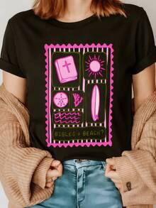 Symbols That Evoke A Bright Day By The Sea With Radiant Sunshine, Spiritual Book With Cross, Wave And Seashell In Pink And Coral Tones, Comfortable Casual Women's T-Shirt For Summer And Relaxed Moments Of Peace - 黑色 - 查看 8