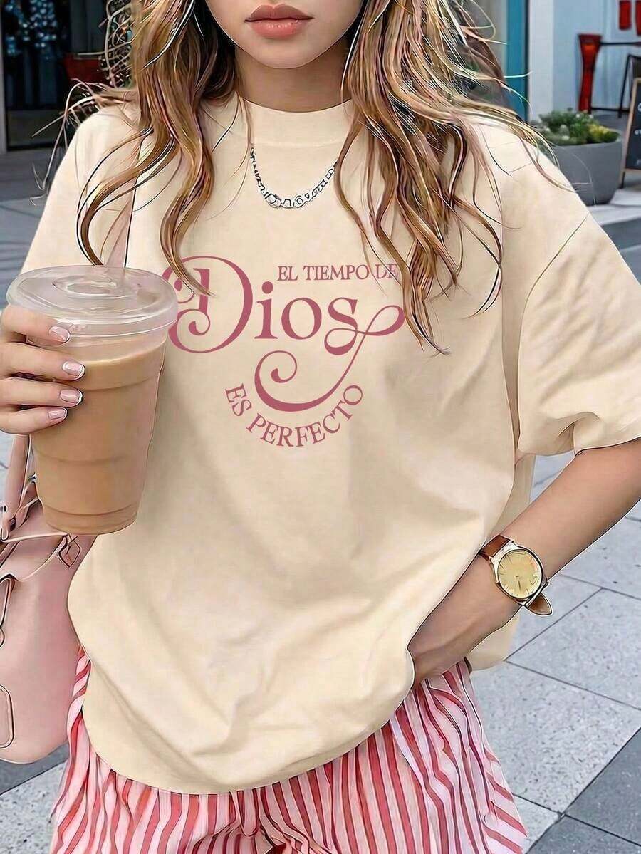 short-sleeveCamiseta de mujer estampada de manga corta para verano, tela de poliéster, estilo multifuncional, corte regular, peso 180 gramos, 1 unidad.100% Cotton - Albaricoque - Ver 1