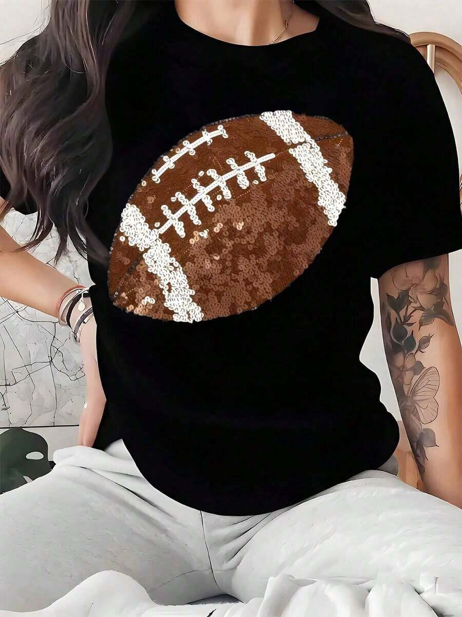 Camiseta Casual con Estampado de Lentejuelas de Fútbol para Mujer, Suave y Cómoda, Regalo para el Día de Acción de Gracias y la Temporada de Fútbol, 100% Algodón, Duradera - Negro - Ver 1