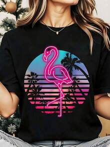 Women's Casual T-Shirt With Flamingo, Neon, Sunset And Palm Tree Design, Retro Style, Graphic Print, Summer Casual Wear, Perfect For Parties, Casual Outings And Everyday Urban Style, 100% Cotton, Durable - 黑色 - 查看 7