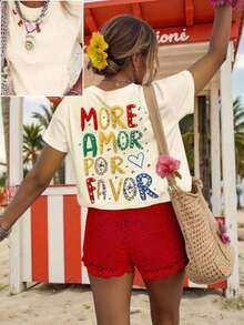Camiseta gráfica para mujer, camiseta de manga corta de estilo casual y urbano, top de verano lindoPure-Cotton - Albaricoque 2 - Ver 1