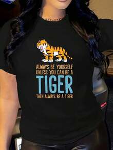 Women's Funny Tiger Graphic T-Shirt - Saying "Always Be Yourself Unless You Can Be A Tiger" - Casual Short Sleeve Crew Neck T-Shirt With Tiger Face And Claws Design, 220 G/M² - Black T-Shirt With Orange-Yellow Print For Casual Wear And Costume Parties - Fun Clothing For Animal Lovers - Geometric Pattern, Regular Fit, Machine Washable, All Seasons, Adult Sizes, Humorous Tiger Theme Graphic - 黑色 - 查看 6