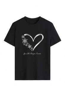 This Short-Sleeved, Crew-Neck, Loose-Fitting T-Shirt Is Perfect For Summer. It's A Stylish Yet Casual Piece With A Heart Print. Ideal For Vacations, The Office, Outings, Everyday Wear, Dates, Parties, Meetings, And Urban Style. A Versatile Garment With A Casual And Sporty Look, It Also Makes A Great Gift For Various Occasions. - 黑色 - 查看 2