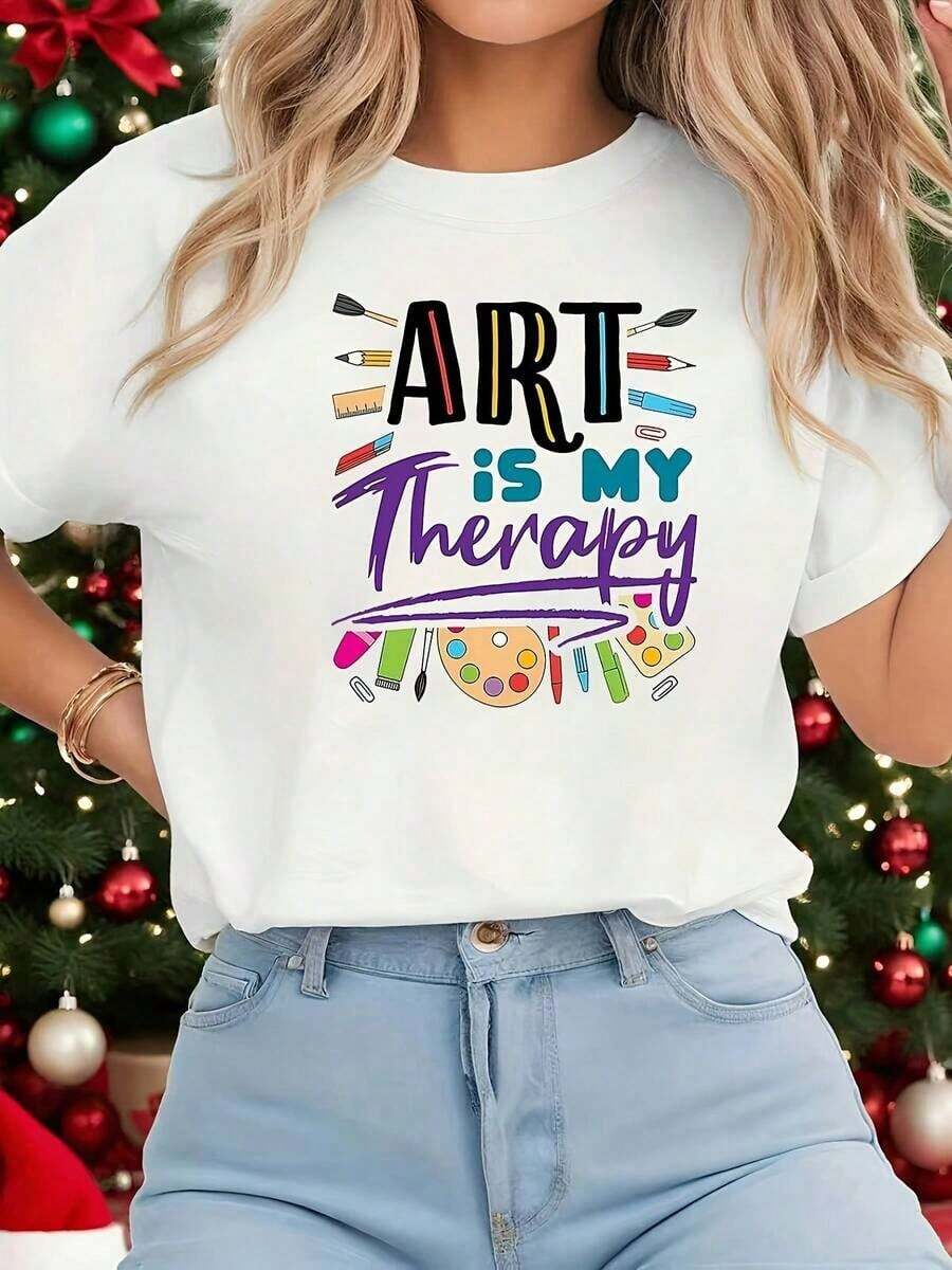 Plus Size T-Shirt, Artistic Brush Palette Print With The Phrase "Art Is My Relaxation", White Short Sleeve Round Neck T-Shirt - Machine Washable, Casual Style, Comfortable Fit, Modern Design, Suitable For Daily Wear, Soft Fabric. - 白色 - 查看 1