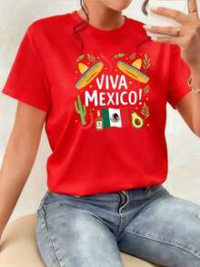 This Printed T-Shirt Features The Phrase "Viva México" Surrounded By Cacti, Colorful Mexican Sombreros, Chili Peppers, Avocados, And The Mexican Flag, Symbolizing Pride, Joy, And Positive Energy, And Perfectly Expressing Love For Mexico. Women's T-Shirt, 100% Cotton. Comfortable Clothing. - 紅色 - 查看 7
