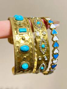 1/3 Peças Conjunto de Pulseiras Vintage de Luxo com Incrustação de Zircônia Falsa de Turquesa, Minimalista Versátil para Uso Casual, Presente para Ela - Multicolorido - Visão 3