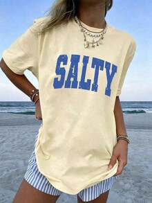 Women's 100% Cotton Graphic Graphic T-Shirt With Double Print "If I'm In A Bad Mood, Please Go Back To The Beach" And "Salty", Casual And Oversized Summer Style | Summer Clothes | Holiday Outfits Pure Cotton T-Shirt 100% Cotton 100% Cotton - 杏色 8 - 查看 3