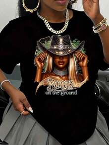 Women's Clothing Short Sleeve T-Shirt For Women With Girl Print Wearing Cowboy Hat And Boots On The Ground, Country Western Style, Casual Wear For Summer And Autumn, Everyday Outfits, Women's Shirts - 黑色 - 查看 6
