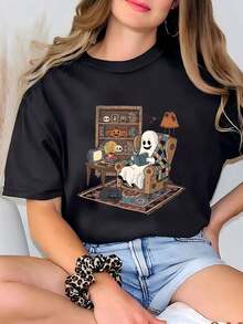 Women's Retro T-Shirt With Ghost Reading Books, Halloween Librarian Ghost, Ghost Lover T-Shirt, Halloween Teacher T-Shirt, Teacher Gift, Halloween School T-Shirt - 黑色 - 查看 7