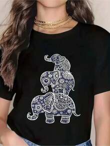 PremiumElephant Stack Mandala Design Wo's White T-Shirt - Boho Animal Print Casual Top For Everyday Wear, Yoga, Travel, And Festival OutfitsGift Idea - 黑色 - 查看 7