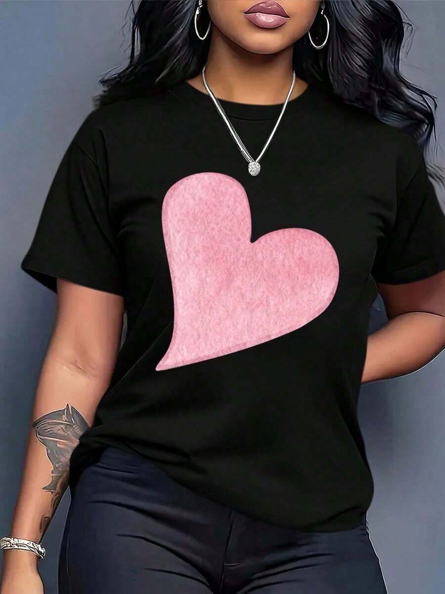 Women's Cotton T-Shirts - Women's Boho Chic Short Sleeve Graphic T-Shirt - Round Neck Blouse With Black And Pink Heart Print, Casual Chic Top For All Seasons, Machine Washable For Daily Wear And Special Occasions, Versatile Clothing, Artistic Design, Soft Material, Elegant Shirt, For Fashion Lovers, Shirt, Comfortable Material, Printed Blouse, Fashionable Basic Blouses For Women. - 黑色 - 查看 1