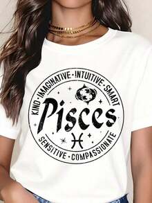 Women's Cotton T-Shirts With The Pisces Zodiac Sign, Women's T-Shirt, Kind, Imaginative, Intuitive, Intelligent, Sensitive, Compassionate, With Astrology Graphic, Casual Top, Summer Outfit, Gift For Birthday Or Holidays, Basic Blouses For Women. - 白色 - 查看 2