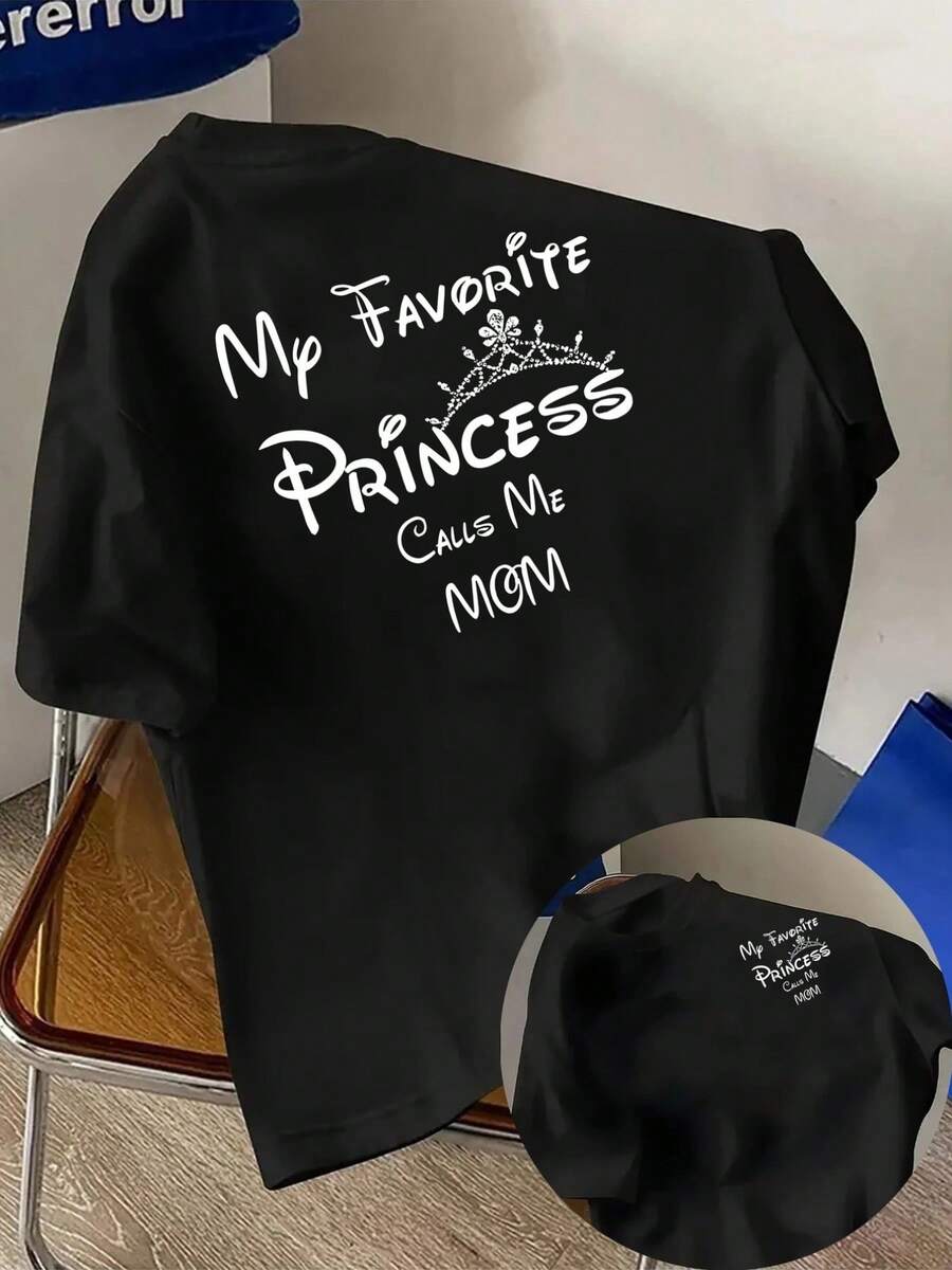 New Men's 180g Heavyweight Cotton T-Shirt With A Princess Theme, Featuring The Phrase "Mom's Love" Printed On The Front And Back. This Modern Short-Sleeved T-Shirt Is Suitable For Everyday Casual Wear And Outdoor Fitness Activities. It Has A Unique Double-Sided Pattern Design, Perfect For Layering In Spring And Autumn And Wearing Alone In Summer. Unisex Style. - 黑色 - 查看 1