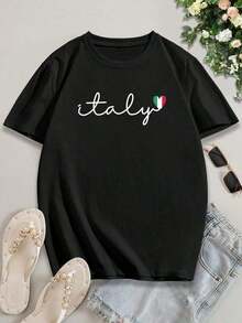 Simple And Versatile Design: Women's Casual Summer T-Shirt With Italian Flag And Heart Print, Short Sleeve, Ideal For Travel, Vacations, Or As A Gift Idea. Cotton T-Shirt. - 黑色 - 查看 2
