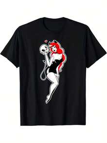 "Pretty Devil" Pin-Up Girl Retro Vintage Graphic T-Shirt | Black With Striking Red And White Print, Short Sleeve, Round Neck, Casual T-Shirt For Men And Women, Comfortable Fit For All Seasons, Classic 50s Style. - 黑色 - 查看 1