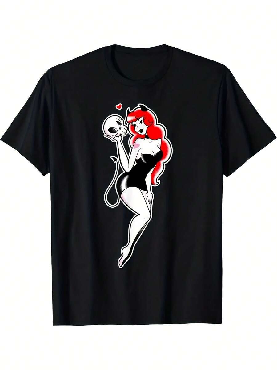 "Pretty Devil" Pin-Up Girl Retro Vintage Graphic T-Shirt | Black With Striking Red And White Print, Short Sleeve, Round Neck, Casual T-Shirt For Men And Women, Comfortable Fit For All Seasons, Classic 50s Style. - 黑色 - 查看 1