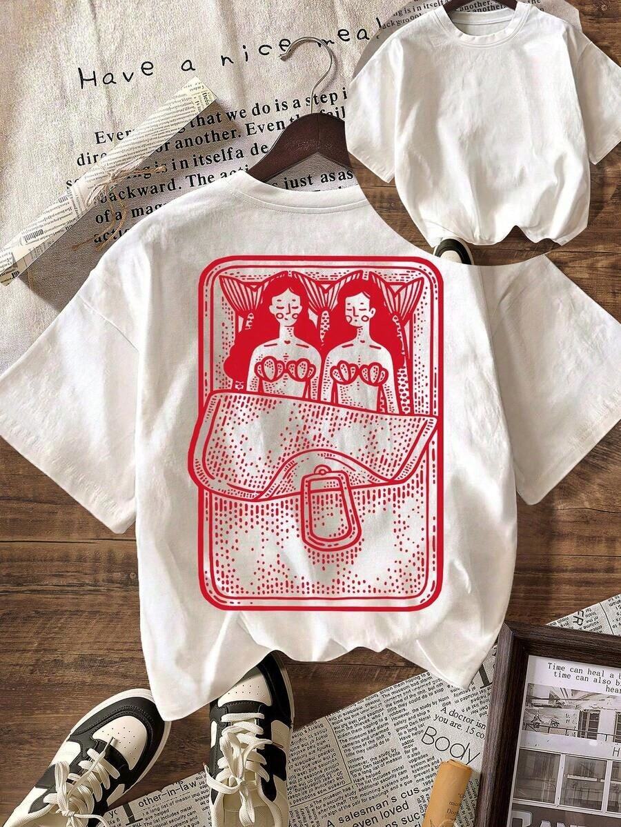 Mermaid Sardine Summer Social Club Casual Short-Sleeved Crew Neck T-Shirt, White For Back To School Season. Pure-Cotton - 白色 - 查看 1