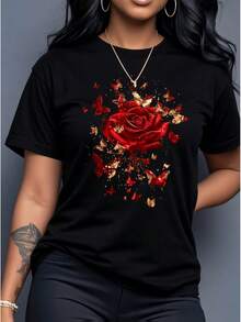 Women's Casual Sports T-Shirt With Red Rose And Gold Butterfly Design - Black Stretch Crew Neck T-Shirt, Machine Washable, Comfortable Fit For All Seasons. Leisure Garment With Vibrant Print And Opaque Fabric. - 黑色 - 查看 6
