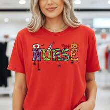 Women's Halloween Nurse Print Cotton T-Shirt, Cute Graphic Tee With Ghost, Pumpkin And Witch Hat, Casual Short Sleeve Top, Nurse Costume T-Shirt For Parties, Comfortable And Breathable Basic T-Shirt For Halloween Celebrations. - 紅色 - 查看 7