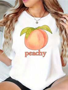 Women's Unisex Casual T-Shirt With Peach Fruit Print, Cotton Casual Top, Summer Fashion Design, Cute Peach Print T-Shirt, Festival Gifts - 白色 - 查看 7
