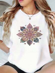 100% Cotton. Floral Mandala With Petals Symbolizing Inner Balance, Spiritual Peace, And Connection With Nature In Soft Tones. Women's 100% Cotton T-Shirt, Comfortable And Elegant For Everyday Wear. Women's Simple Solid Color T-Shirt, Loose And Slim Fit Casual Short Sleeve - 黑色 - 查看 8