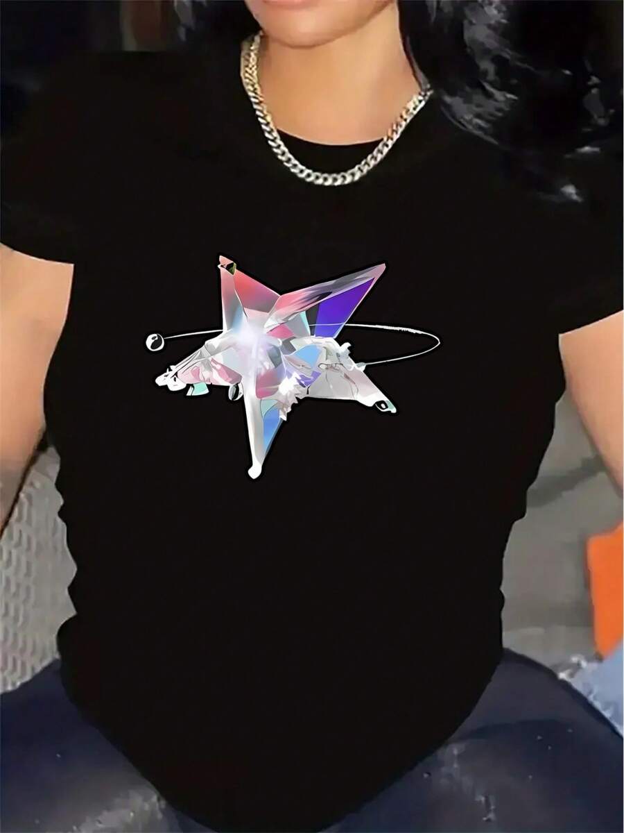 Camiseta de manga corta 2026, ligera y duradera, con un diseño de estrella brillante, es perfecta para salidas informales en restaurantes o en casa. - Negro - Ver 1